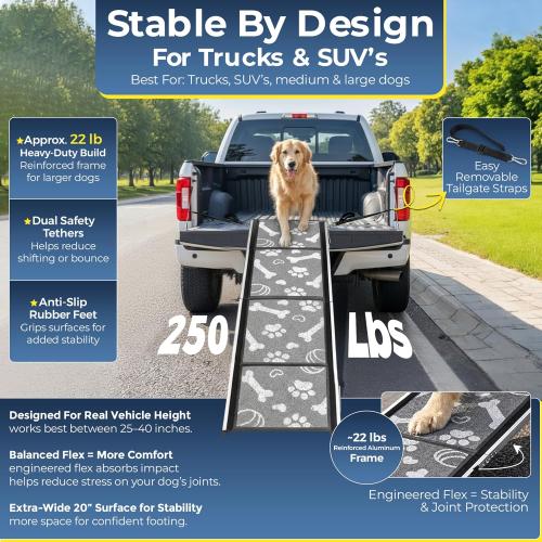 Dog Ramp for Car, SUV & Truck, 71 Long x 20 Wide, Extra Side-Strap Stability System, Non-Slip Quad-Fold Pet Ramp for Large Dogs, 250 lb Capacity (Paw Print Design)