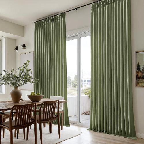 90 Inch Pleated Linen Olive Green Curtains for Living Room 2 Panels Semi Sheer Light Filtering Pinch Pleat Hooks Rings Back Tab Drapes Moss Green Farmhouse Boho Curtains 90 Inches Long Bedroom Window