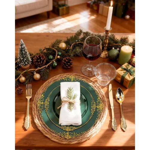 Nervure 175PCS Green Plastic Plates - Disposable Green Gold Party Plates & Pre Rolled Napkins with Cutlery for 25 Guests, 50Plates, 75Silverware, 25Cups, 25Napkin for Wedding & Party