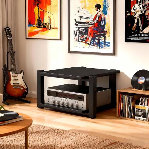 Heavy Duty Audio Rack Tower, Av Media Player Stand with Wooden Shelves, Black Cd Stereo Equipment Cabinet, Suitable for Home,Office/Audio Video/Theate (Black, 2 Tier)