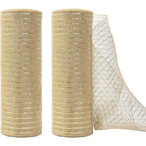 2 Rolls 10 Inch X 10 Yards(30 Ft) Light Champagne Metallic Mesh Ribbon with Gold Foil Mesh Ribbon for Wreath Swags Christmas Craft Home and Party Decor