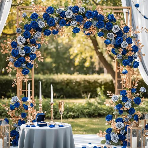 Auihiay 104PCS Blue Roses, Realistic Silk Velvet Blue Artificial Flowers | Lifelike Faux Roses for Bridal Bouquet, Home Decor, Valentine's Day, Wedding Centerpieces, Nautical Party