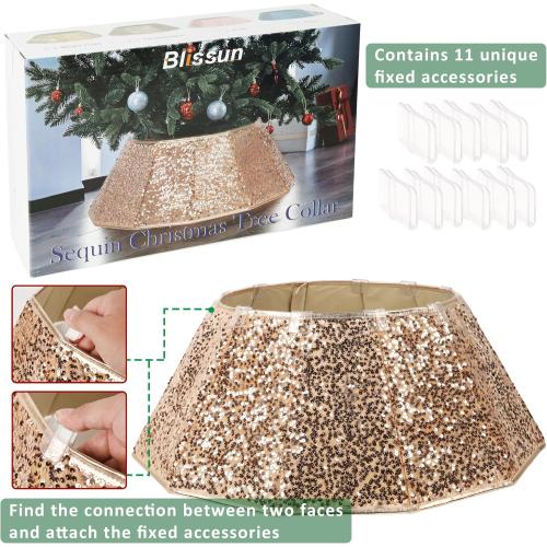 Blissun Sparkling Champagne Gold Christmas Tree Collar – Color Shifts with Light – 25.2″ Bottom / 14.9″ Top Foldable Base Cover