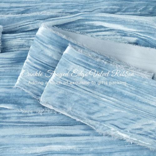 Dusty Blue Velvet Ribbon 3 inch Blue Frayed Velvet Ribbon Crinkle Blue Silk Velvet for Wreaths, Christmas Tree Decoration, Flower Bouquet, Gift Wrapping, Bows, Wedding -3 Yards