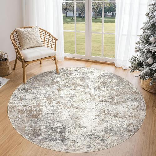 UERMEI 5ft Round Area Rug Living Room Rugs - 5x5 Washable Neutral Modern Abstract Soft Thin Rug Indoor Floor No Slip Rug Carpet for Bedroom Under Dining Table Home Office Decor - Brown Grey