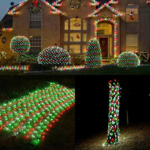 WBao F8 Big Bulbs Christmas Net Lights, 200LED 8.4ft x 5.2ft Christmas Bushes Lights with 8 Modes, Timer, End to End Connectable, Waterproof for Lawn, Bushes Outdoor Xmas Decorations, Red Green White