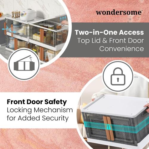 Wondersome Collapsible Storage Bins - 3-Pack of Large 8.5-Gallon/33.8-Quart Stackable Wheeled Clothing, Shoe, Bedroom, Office Organizer - Foldable Containers and Assembles in Second - US-Based Brand
