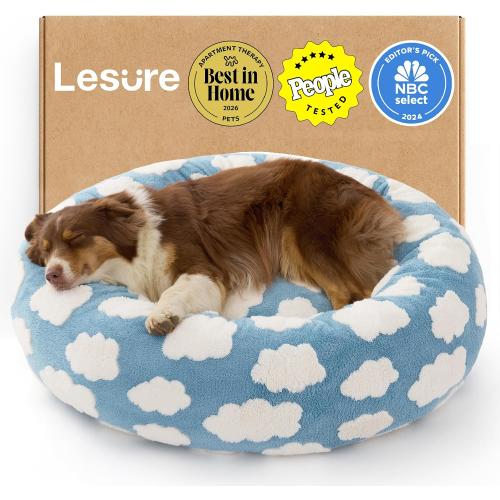Lesure Shown on TV Donut Dog Beds Large Size Dog - XL Calming Round Sofa as Present for Pets with Washable Cover, Orthopedic Home Decor Bed with Jacquard Shaggy Plush & Anti Slip Bottom, 36 Inch，Blue
