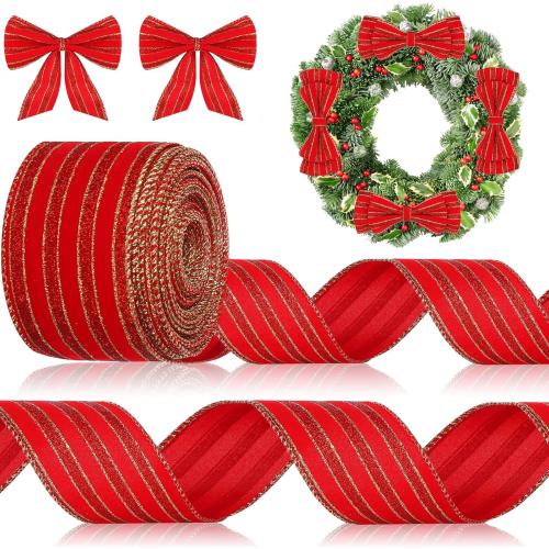 Syhood Christmas Wired Velvet Ribbon with Gold Edge, Waterproof Wrapping Velvet Decoration Ribbon for Xmas Wreath Bows Floral Craft Ornaments(Red,2.5 Inch by 15 Yards)