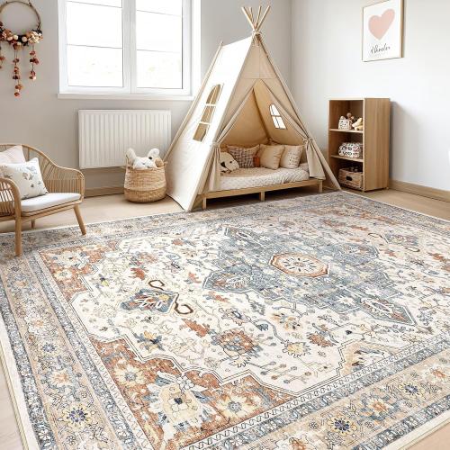 9x12 Area Rug Living Room: Washable Boho Large Neutral Vintage Soft Rugs Stain Resistant Distressed Farmhouse Non-Slip Indoor Floor Carpet for Bedroom Nursery Kids Office Dining Room- Beige Blue