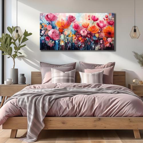ENTANUB Flower Wall Art for Living Room, Pink Canvas Print Painting for Bedroom, Floral Picture Artwork, Large Size 48x24 Inches