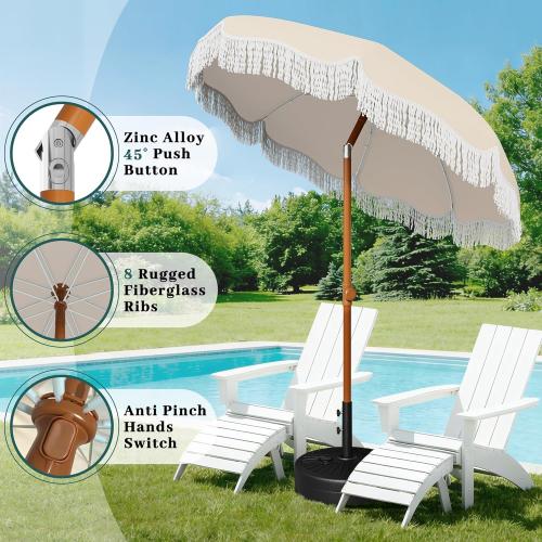 AreShark 7ft Patio Umbrella with Fringe, UPF50  Beach Umbrella for Table, Pool & Garden, Portable Outdoor Tassels Umbrella w/Fiberglass Ribs&Push Bottom Tilt(Ivory)