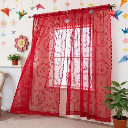 Christmas Lace Curtains 84 Inches Long for Living Room Red