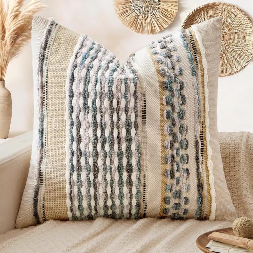 ANRODUO Boho Decorative Pillow Covers Gray Blue Stripe 18x18 Inch Pack of 1