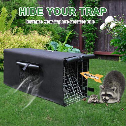 Live Feral Cat Trap Cage with Cover, Heavy Duty Folding Animal Traps Cage for Stray Cats, Humane Cat Trap for Raccoon, Squirrel, Skunk, Catch and Release - (32 x 10 x 12 inches)