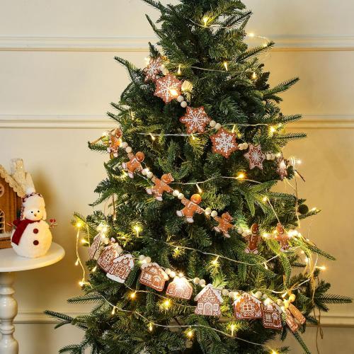 Youyole 3 Pcs Wooden Gingerbread Garland Banner LED Christmas Wooden Bead Gingerbread Man House Snowflake Decoration 5.9 ft Rustic Hanging Banner for Mantel Fireplace Holiday Room Wall Decoration