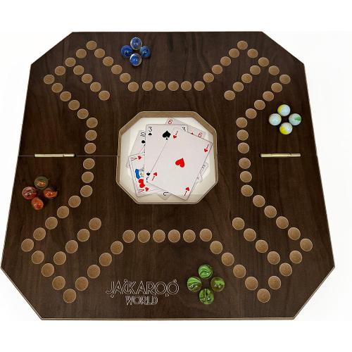 Jackaroo Board Game, 2-4 Player Marble Strategy Game, Solid Wooden Game with 16 Glass Marbles and 52 Cards, Marble Chase Game, Jokers and Marbles Board Game, Foldable Board with Carry Bag (Walnut)