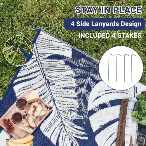 Patio Modern Leaf Print Outdoor Rug  Waterproof Large Reversible Camping Mat Foldable Lightweight Plastic Straw Outdoor Rug for Deck, Picnic, Porch, Balcony, Beach, Rv，Navy/White