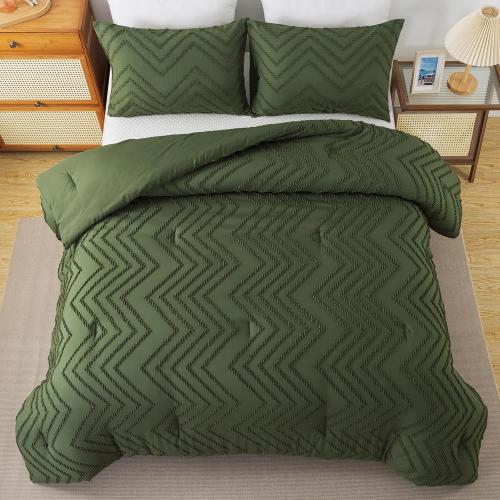 Andency Olive Green Comforter Set King Size, Boho Soft Fluffy Warm Lightweight Bedding Comforter Sets for King Bed, 3 Pieces Chevron Tufted Aesthetic Microfiber Lightweight Comforter Set
