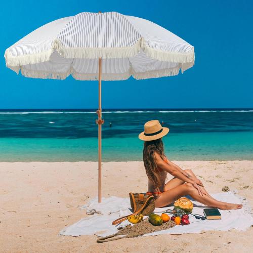 7.5ft Patio Umbrella with Fringe, Beach Umbrella, Fringe Umbrella Outdoor Patio with Hanging Hook, Tilting Aluminum Pole, UV 50 , Fiberglass Ribs, Blue White Stripe