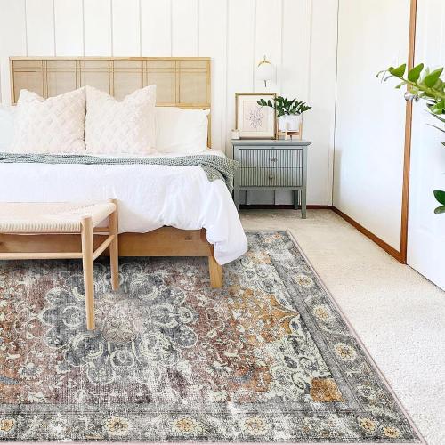 Area Rug 8x10 Washable Rug Taupe Vintage Traditional Mat Distressed Indoor Foldable Thin Retro Accent Rug Floral Print Non Slip Carpet Living Room Dining Room Office