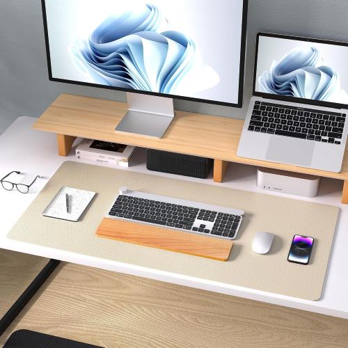 Aothia Leather Desk Pad Protector, Mouse Pad, Office Desk Mat, Non-Slip PU Leather Desk Blotter, Laptop Desk Pad, Waterproof Desk Writing Pad for Office and Home (Beige, 36 x 17)