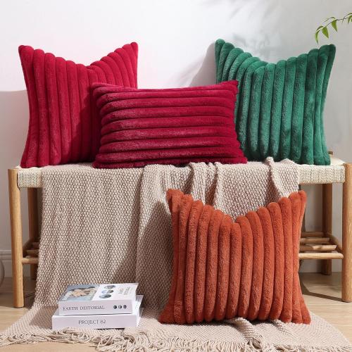 decorUhome Faux Fur Christmas Throw Pillow Covers 24x24 Set of 2, Decorative Soft Plush Striped Neutral Couch Euro Pillow Covers with Velvet Back for Sofa, Bed, Living Room Home Decor, Red