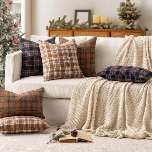 MIULEE Fall Set of 2 Scottish Tartan Plaid Throw Pillow Covers Farmhouse Classic Decorative Outdoor Square Cushion Cases for Halloween Thanksgiving Decor Sofa Couch 18x18 Inch, Brown and White