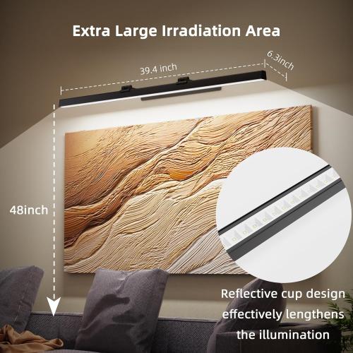 Large Battery Operated Wireless Picture Light，Rechargeable 39.4inch Painting Display Light,Remote Control Wall Lights with Three Modes and Timing for Art Frame