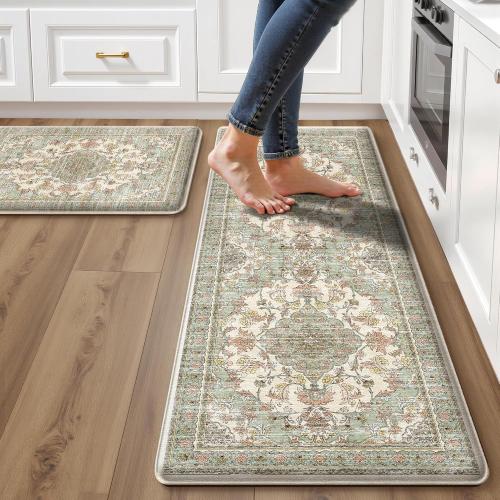 Boho Kitchen Mats for Floor 2 Piece Set Anti Fatigue Cushioned PVC Kitchen Rugs Non Slip Waterproof Farmhouse Mats  Comfort Standing Mat for Laundry, Green Orange Beige