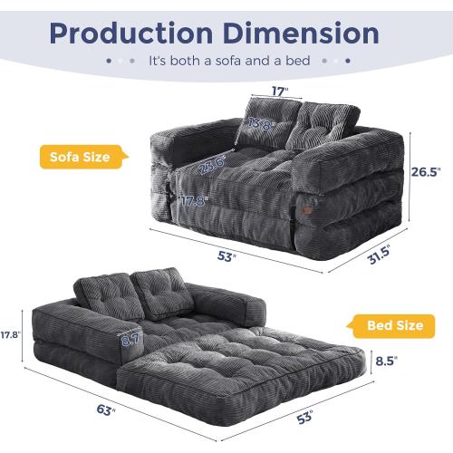MAXYOYO Folding Sofa Bed, L-Shaped Convertible Sofa Bed with Armrest Foldable Sleeper Couch with Pillow, Portable Fold Out Chair Comfy Floor Couch Lounge for Living Room Bedroom, Dark Grey, Double