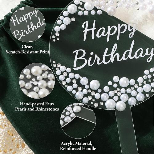 Coucoland Birthday Cake Topper - Round Acrylic Cake Decor with Sparkling Rhinestones and Pearls for Party Supplies