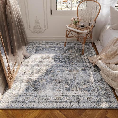 Grey and Blue Bedroom Rectangular Rug Washable Area Rug Non Slip Low Pile Small Carpet for Bedroom, Bedside, Kitchen, Entryway, Kids Room, Office, College Dorm Essentials for Girls