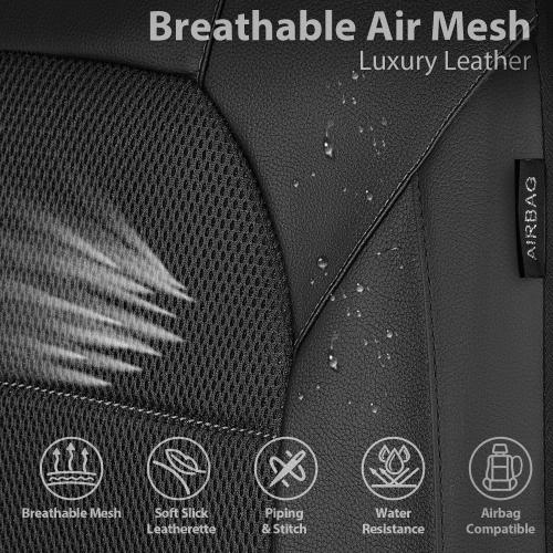CAR PASS Leather and 3D Air Mesh Universal Fit Car Seat Covers, for Sedans,Trucks,Suvs,Airbag Compatible,Zipper Design and Reserved Opening Holes for Headrest(Full Set, Black and Black)