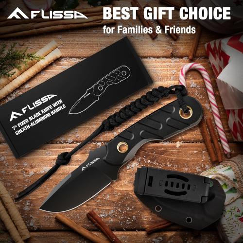 Black 7 FLISSA Fixed Blade Knife, 7 Inch Full Tang Hunting Knife with Kydex Sheath and Emergency Rope, Tactical Knife for Survival, Camping, Hiking(Black)