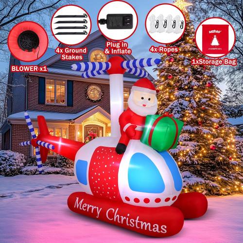 9.7 FT Christmas Inflatables Santa Helicopter Outdoor Decorations, Blow Up Santa Claus Flying Airplane with Gift Bag and Built-in LED Lights, Xmas Yard Lawn Garden Home Holiday Party Decor