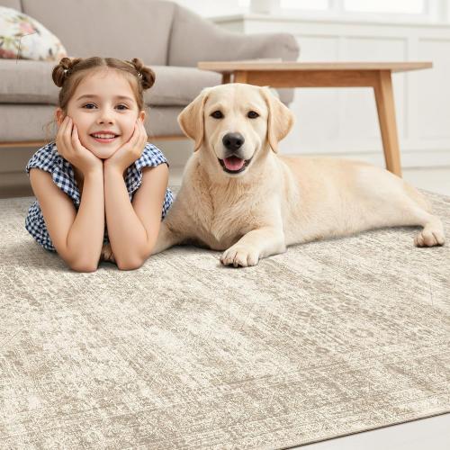 Washable Area Rug 8x10, Large Soft Rugs for Living Room Vintage Beige Carpet 8x10 Area Rugs for Bedroom Dining Room Non-Slip Stain Resistant Under Table Rug