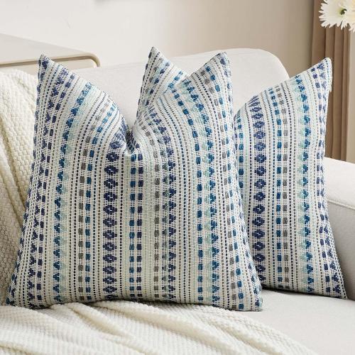 FUTEI Blue Grey Decorative Throw Pillow Covers 18x18 Inch Set of 2,Soft Cozy Chenille Jacquard Textured Cushion Case,Boho Home Decor for Couch Bed Living Room
