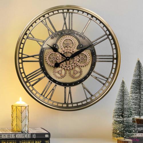 CLXEAST Gold Moving Gear Wall Clock for Modern Living Room Decor,Oversized Large Metal Roman Numeral Wall Clocks for Farmhouse Home Decor,28 Inch