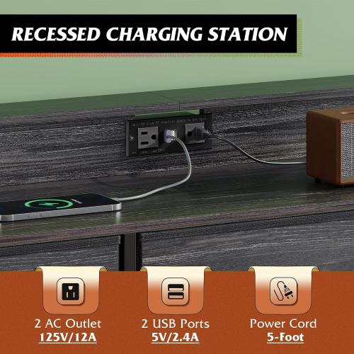 WLIVE Bedroom Dresser TV Stand 9 Drawers, Fabric Chest LED Lights, Charcoal | Black 9-drawer dresser TV stand fits 55in TV with wood top and charging station, fabric dresser for kids bedroom