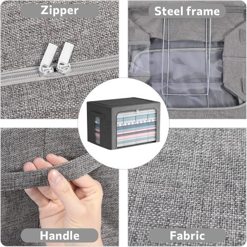 Extra Large Clothes Storage Bins Foldable Metal Frame Storage Box Stackable Linen Fabric Box Organizer Set with Carrying Handles and Clear Window -100L (Gray, 23.6x 16.5x 15.7 Inch)