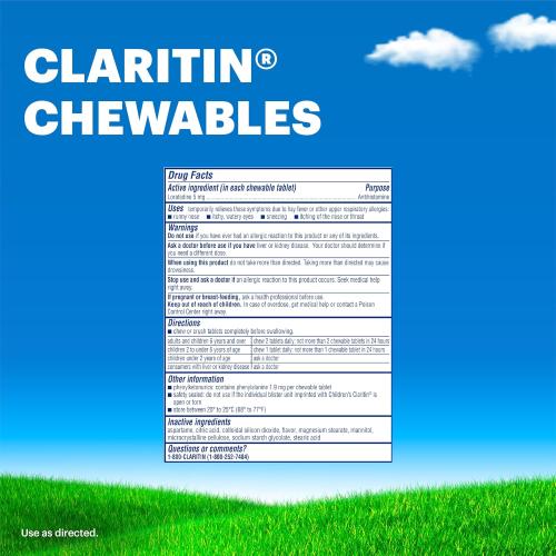 Claritin Children's Allergy Medicine, 24-Hour Non-Drowsy Loratadine 5mg Chewable Tablet, Antihistamine for Kids Ages 2 Years and Older, Grape Flavored, 40 tablets