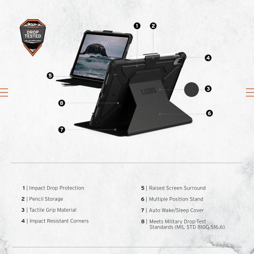 URBAN ARMOR GEAR UAG Designed for iPad 11 A16 11th Gen 2025, 10.9 10th Gen 2022 Case A3354 A3355 A2696 Rugged Heavy Duty Protective Folio Cover w/Adjustable Stand & Pencil Holder, Metropolis Black