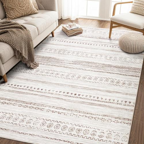 Area Rug Living Room Rugs - 5x7 Washable Boho Farmhouse Bohemian Neutral Large Moroccan Geometric Soft No Slip Indoor Rug Thin Floor Carpet for Bedroom Under Dining Table Home Office - Brown