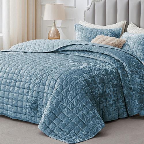 Velvet Quilt Set King Size - Luxury Velvet Comforter Bedding Set 3 Pieces, Lightweight Soft Cozy Shiny Dusty Blue Oversized Bedspread Coverlet for All Seasons with 2 Pillow Shams