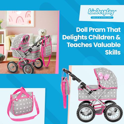 Kinderplay Baby Doll Stroller | Baby Doll Pram | Baby Doll Carriage - Stroller for Baby Dolls with Adjustable Handle (12.99-24.80 inches) | Babydoll Reborn Strollers | Model KP0261S