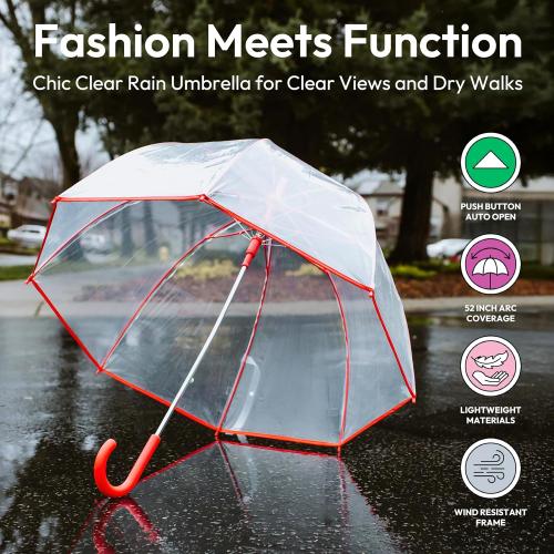 Size 52 Weather Station Clear Rain Umbrella, Adult, Dome Canopy, Bubble, Automatic Open, Bubble, Waterproof, Lightweight, Full 52 Inch Arc, Stick, White