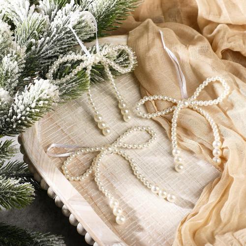 12 Pcs Pearl Bow Ornaments Bowknot Tree Topper Decor Hanging Ornament Pendant Gift for Wedding Birthday Party Indoor Decoration (White)