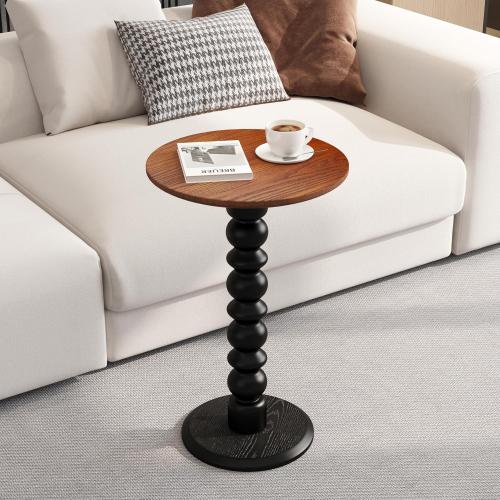 Solid Wood Round Side Table, Small Drink Table,Cocktail Table, Wooden Pedestal End Table, Plant Stand for Living Room, Bedroom，Office and Corners(Walnut/Black)