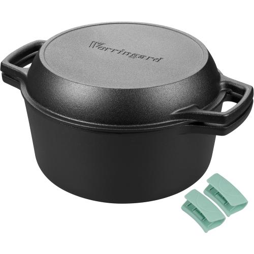 Pre-seasoned Cast Iron Double Dutch Oven Pot with Skillet Lid, Dual-handle, for Bread Baking, Outdoor, Campfire Cooking, 5 Quart